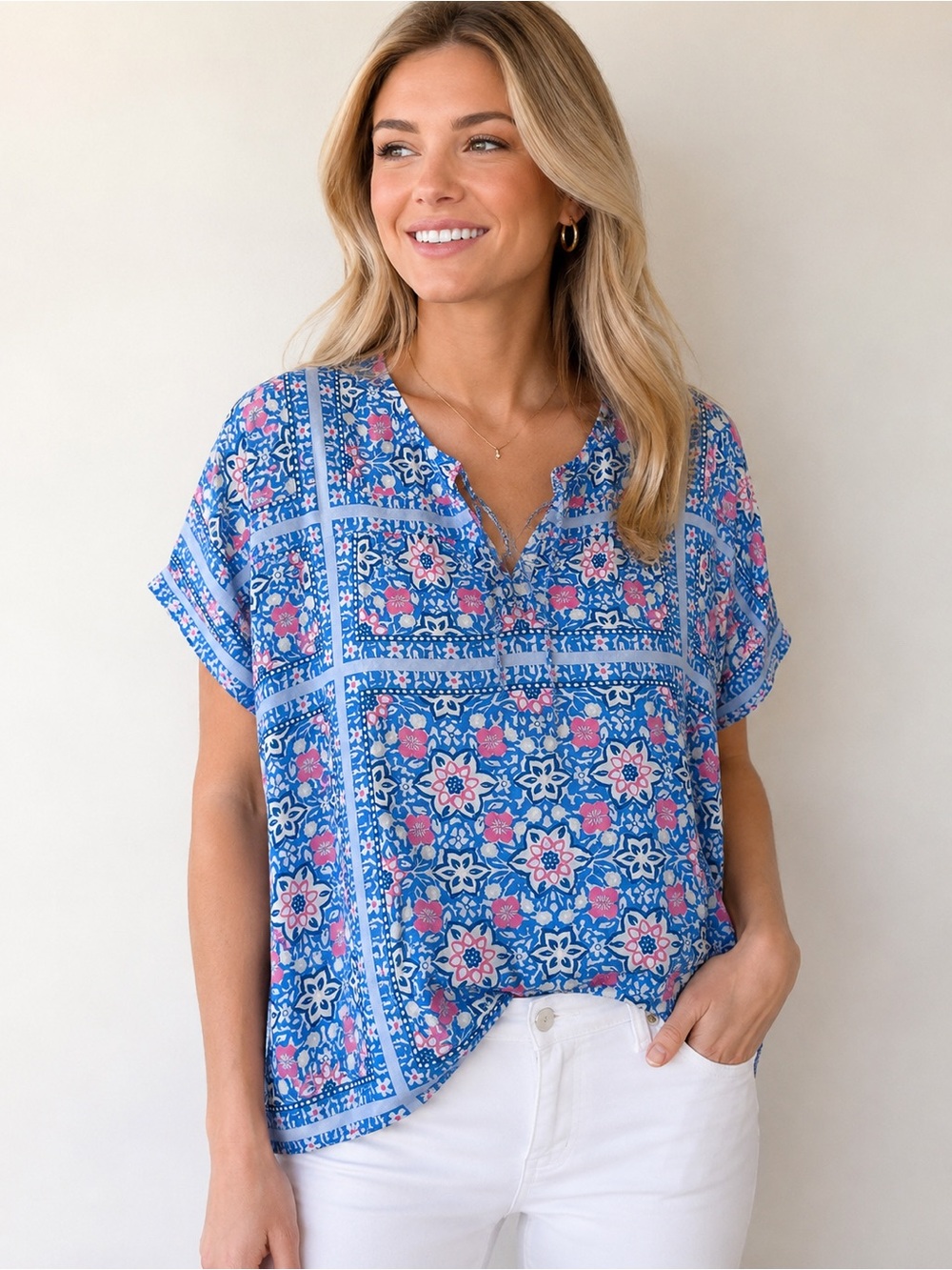 Vineyard Vines Blue Pink Floral Rayon Popover Blouse Size Large